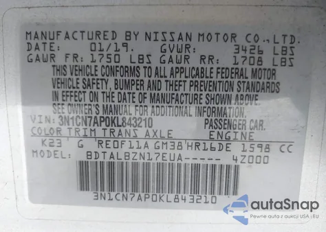 2019 Nissan Versa 1.6 Sv from USA, damaged, VIN 3N1CN7AP0KL843210